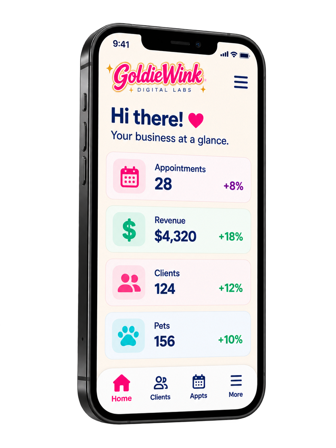 GoldieWink Groomer Business Hub mobile dashboard